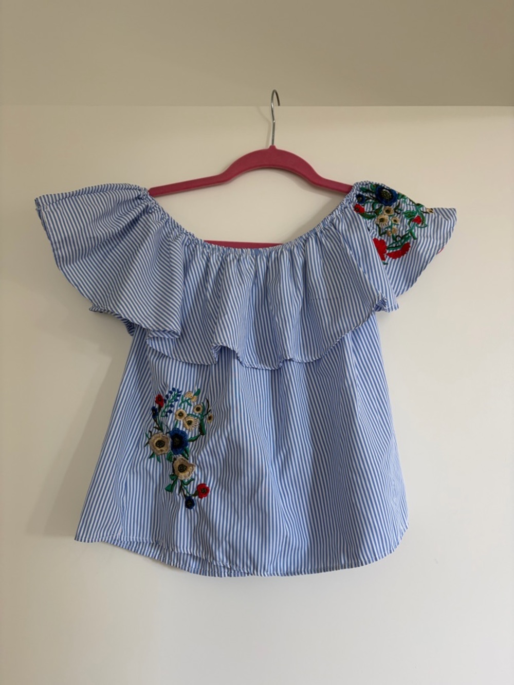 Blue Stripe Off-Shoulder Ruffle Top with Floral Embroidery
